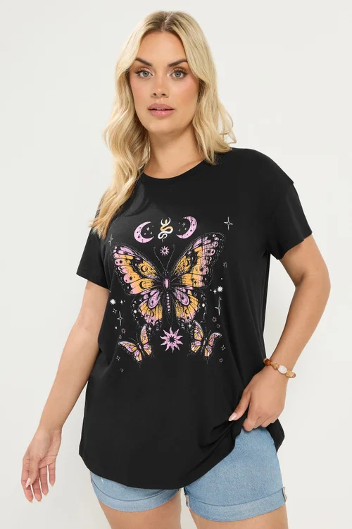 Yours Curve Black Butterfly Print T-Shirt - 20 Image 1