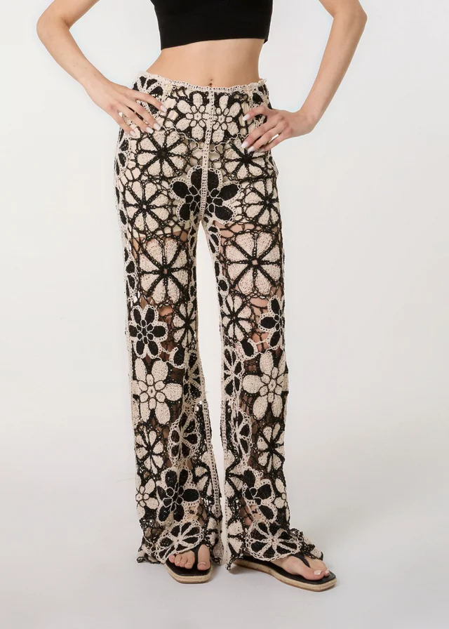 Pink Vanilla Black Crochet Pants With Flower Pattern