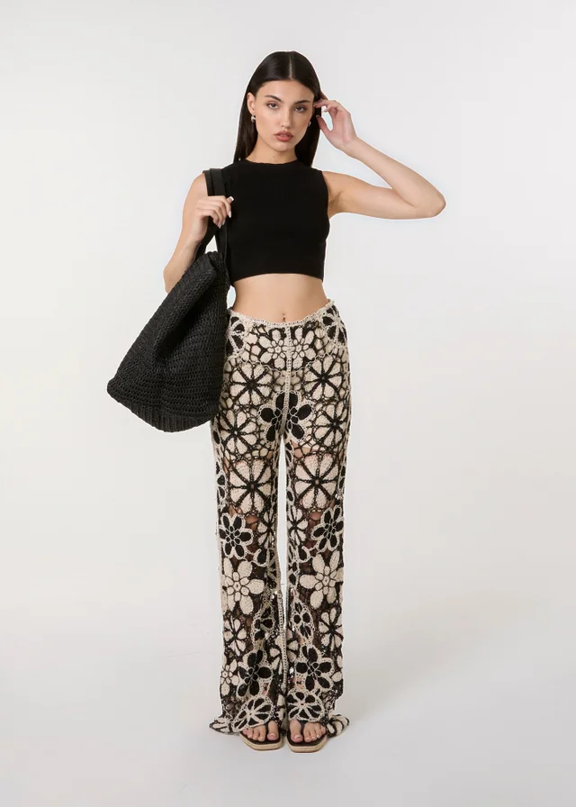 Pink Vanilla Black Crochet Pants With Flower Pattern
