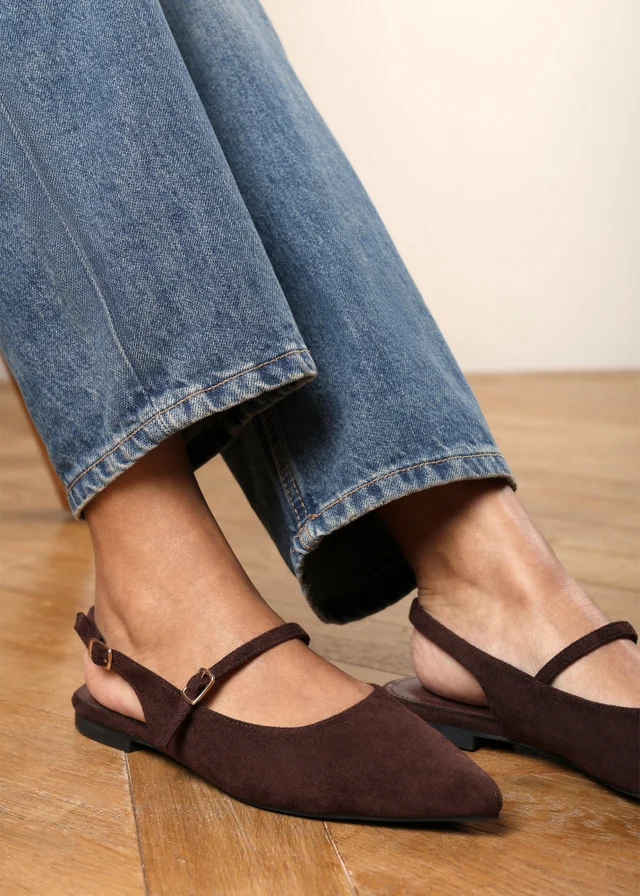 Where's That From Estrella Brown Wide Fit Pointed Toe Mary Jane Open Back Ballet Flats