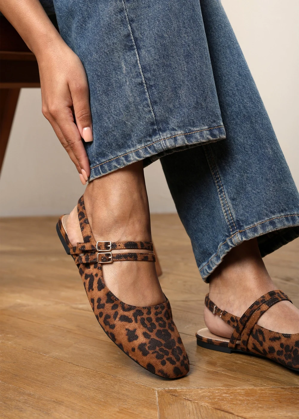 Where's That From Alena Leopard Wide Fit Double Strap Backless Mary Jane Flats - 5 Wide Image 6