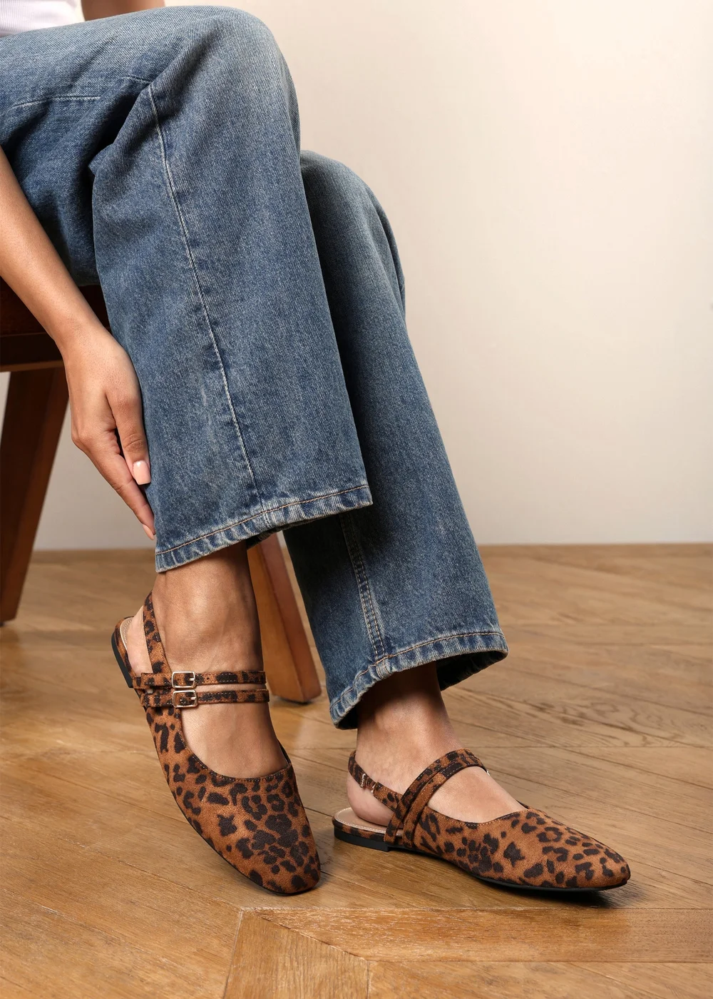 Where's That From Alena Leopard Wide Fit Double Strap Backless Mary Jane Flats - 5 Wide Image 2