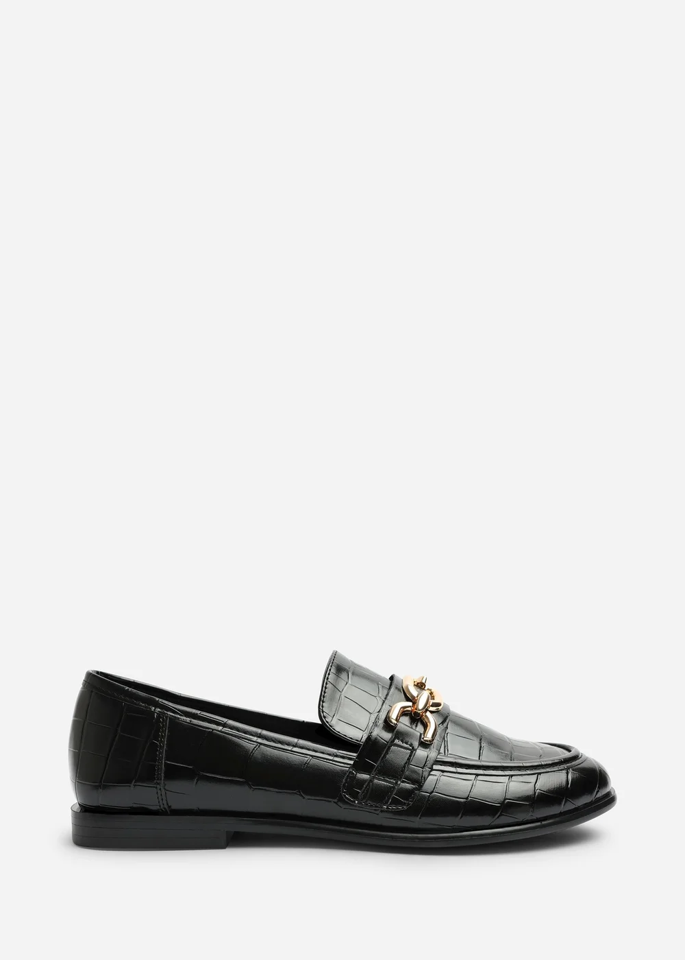 Where's That From Lettie Black Croc Wide Fit Chain Trim Detail Flat Loafers - 4 Wide Image 2