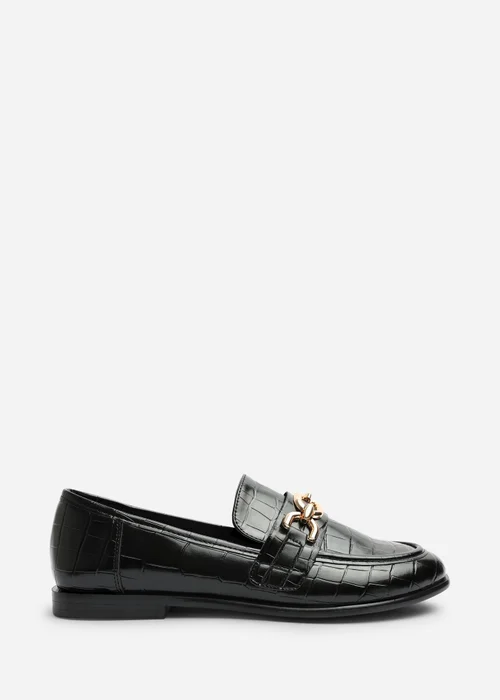 Where's That From Lettie Black Croc Wide Fit Chain Trim Detail Flat Loafers - 4 Wide Image 2