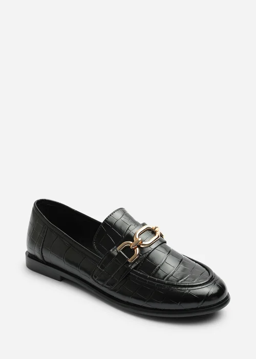 Where's That From Lettie Black Croc Wide Fit Chain Trim Detail Flat Loafers - 4 Wide Image 3