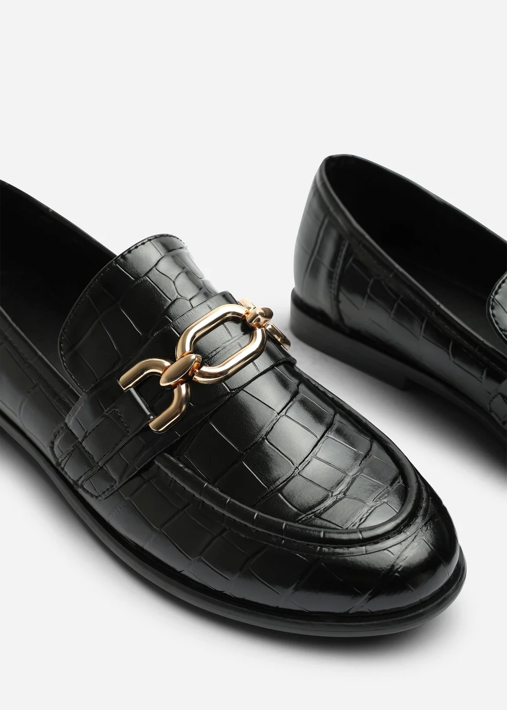 Where's That From Lettie Black Croc Wide Fit Chain Trim Detail Flat Loafers - 4 Wide Image 5
