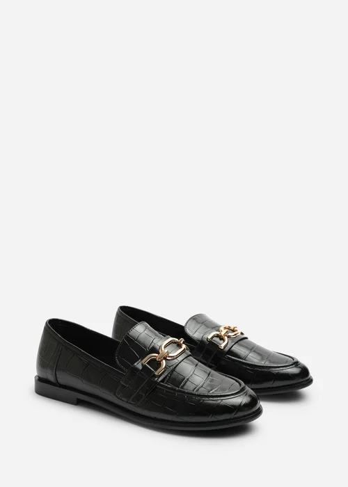 Where's That From Lettie Black Croc Wide Fit Chain Trim Detail Flat Loafers - 4 Wide Image 4