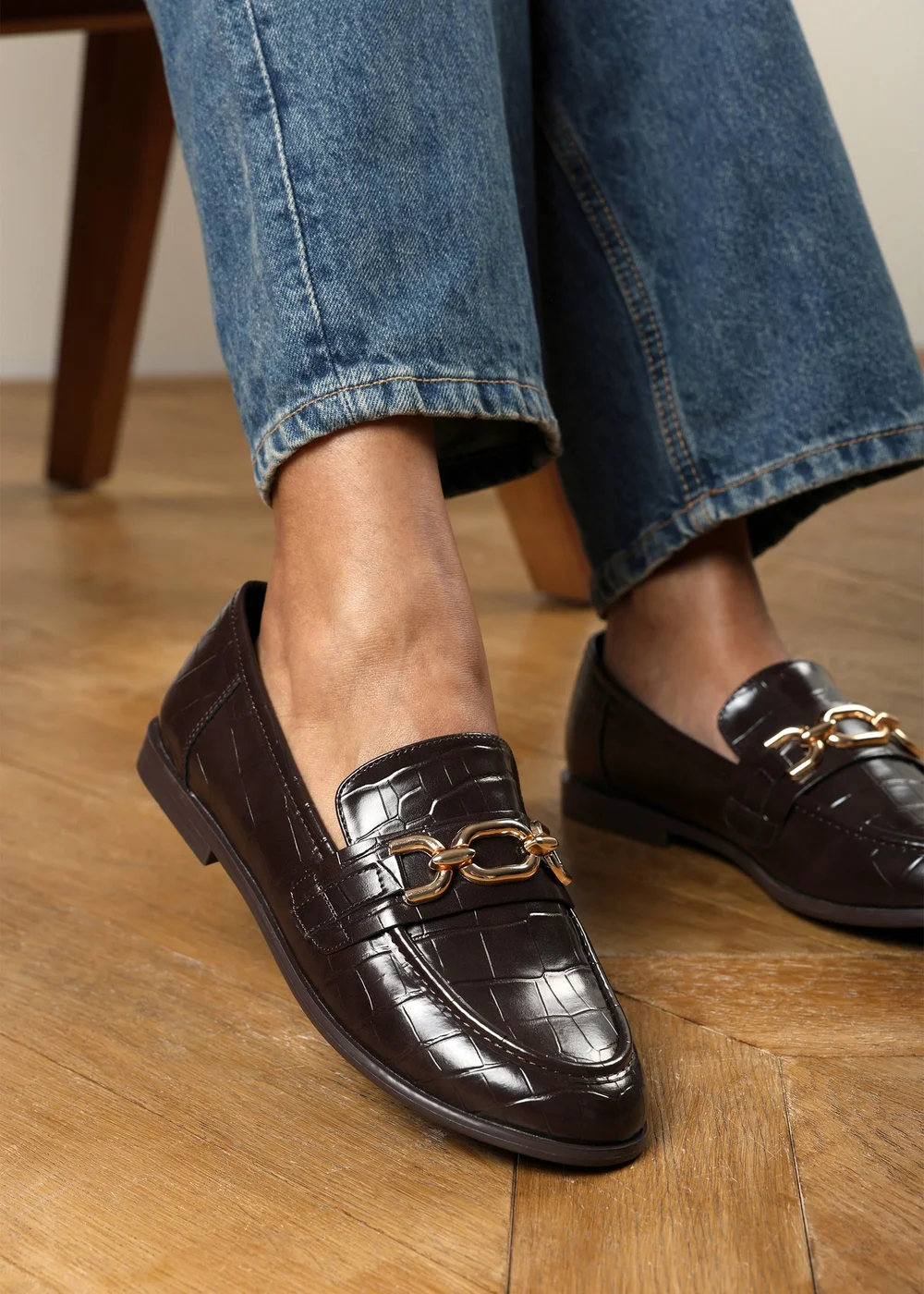Where's That From Lettie Brown Croc Wide Fit Chain Trim Detail Flat Loafers - 6 Wide Image 1