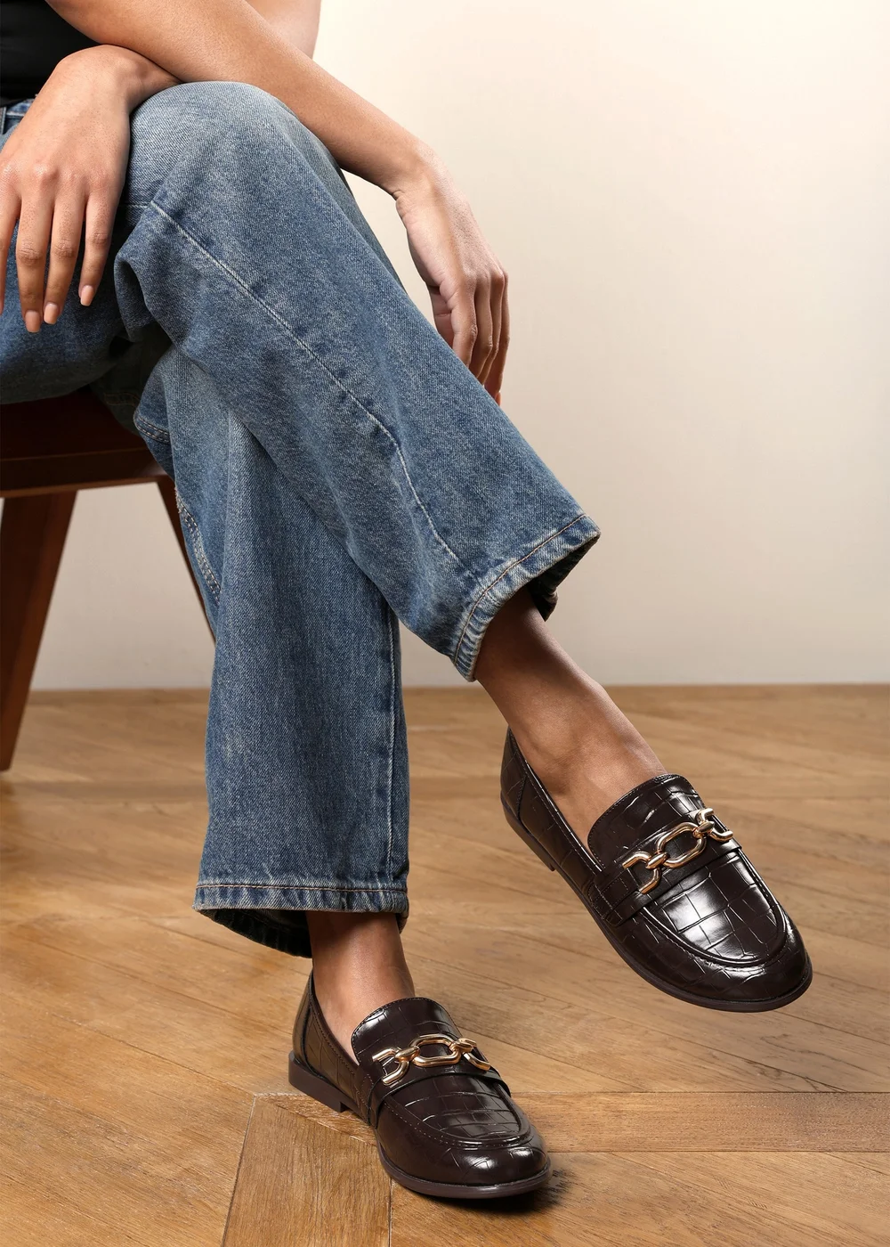 Where's That From Lettie Brown Croc Wide Fit Chain Trim Detail Flat Loafers - 6 Wide Image 2