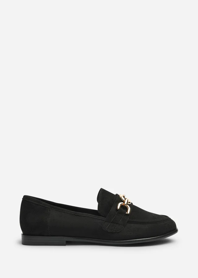 Where's That From Lettie Black Wide Fit Chain Trim Detail Flat Loafers