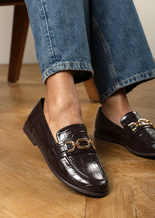 Where's That From Lettie Brown Croc Chain Trim Detail Flat Loafers - 8 Image 1