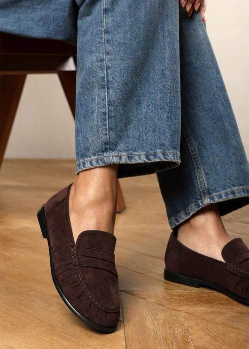 Where's That From Charleigh Dark Brown Wide Fit Ruched Detail Flat Penny Loafers - 7 Wide Image 6