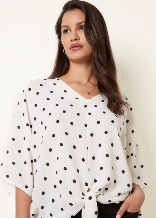 Blue Vanilla White Polka Dot Knot Front Top - S/M Image 1