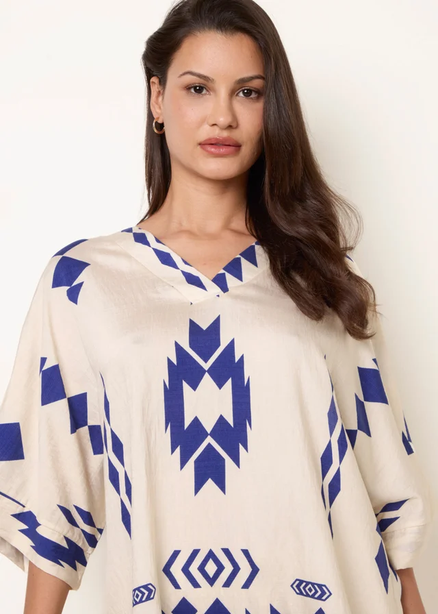 Blue Vanilla Beige Linen Geometric Print Top