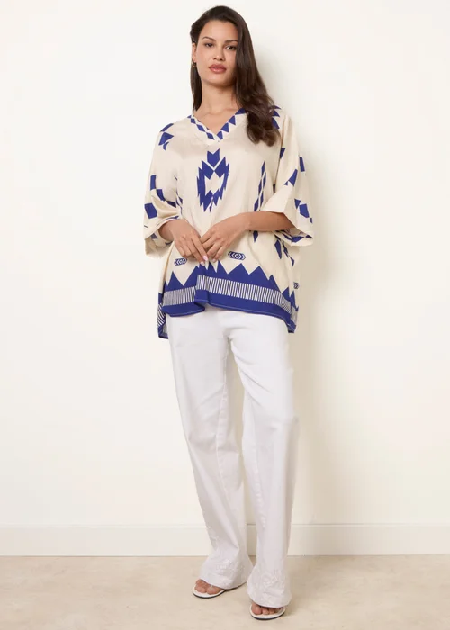 Blue Vanilla Beige Linen Geometric Print Top - M/L Image 3