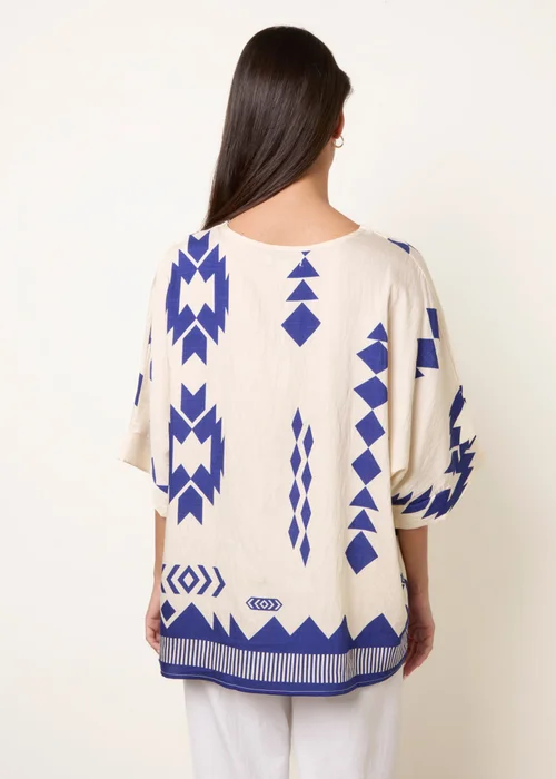 Blue Vanilla Beige Linen Geometric Print Top - M/L Image 4