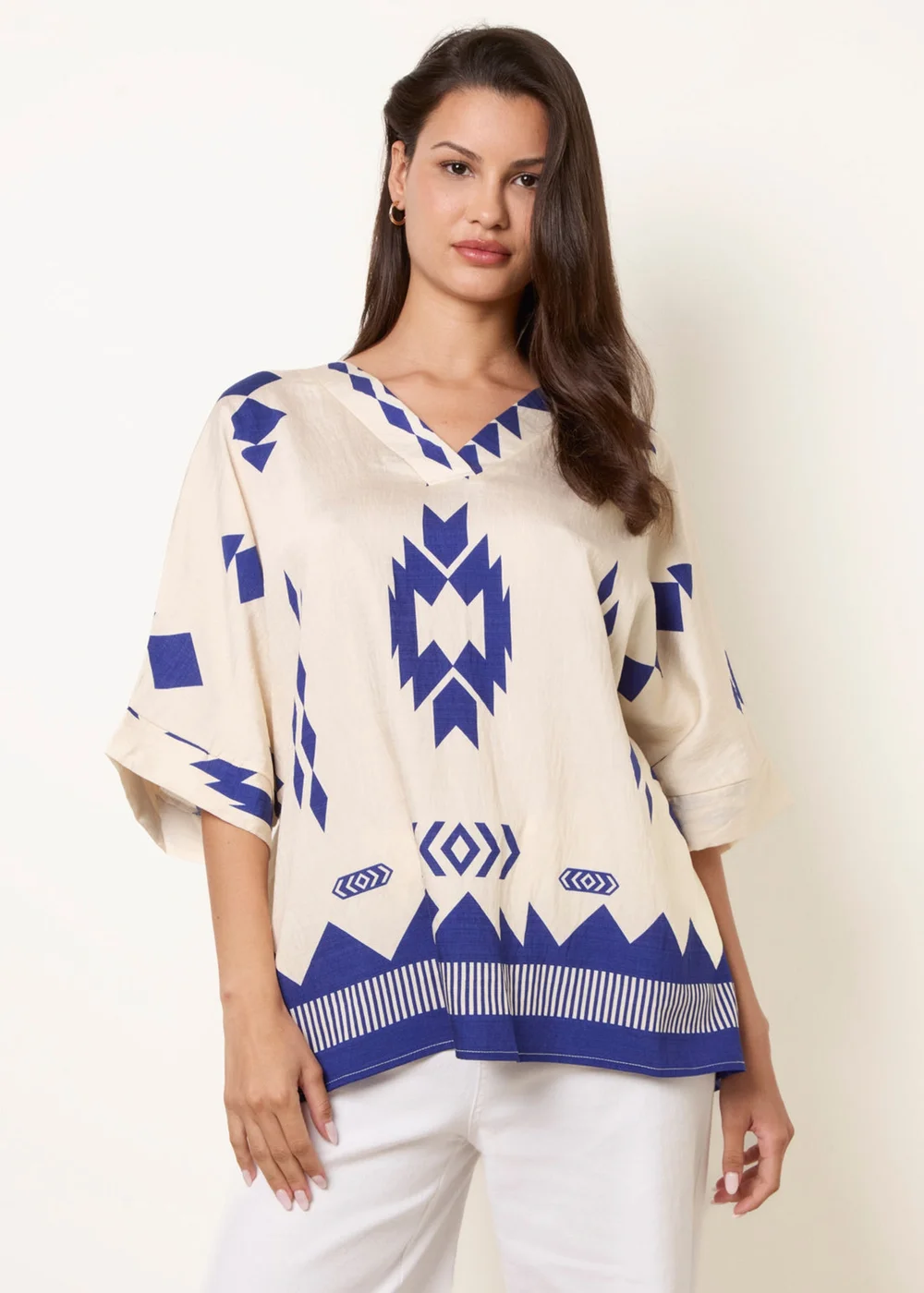 Blue Vanilla Beige Linen Geometric Print Top - M/L Image 1