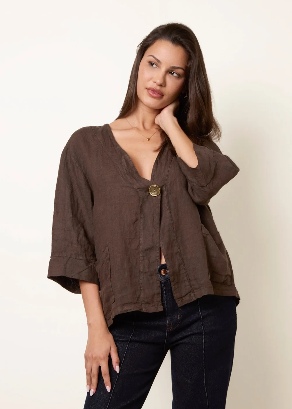 Blue Vanilla Brown One Button Linen Blazer - M/L Image 1
