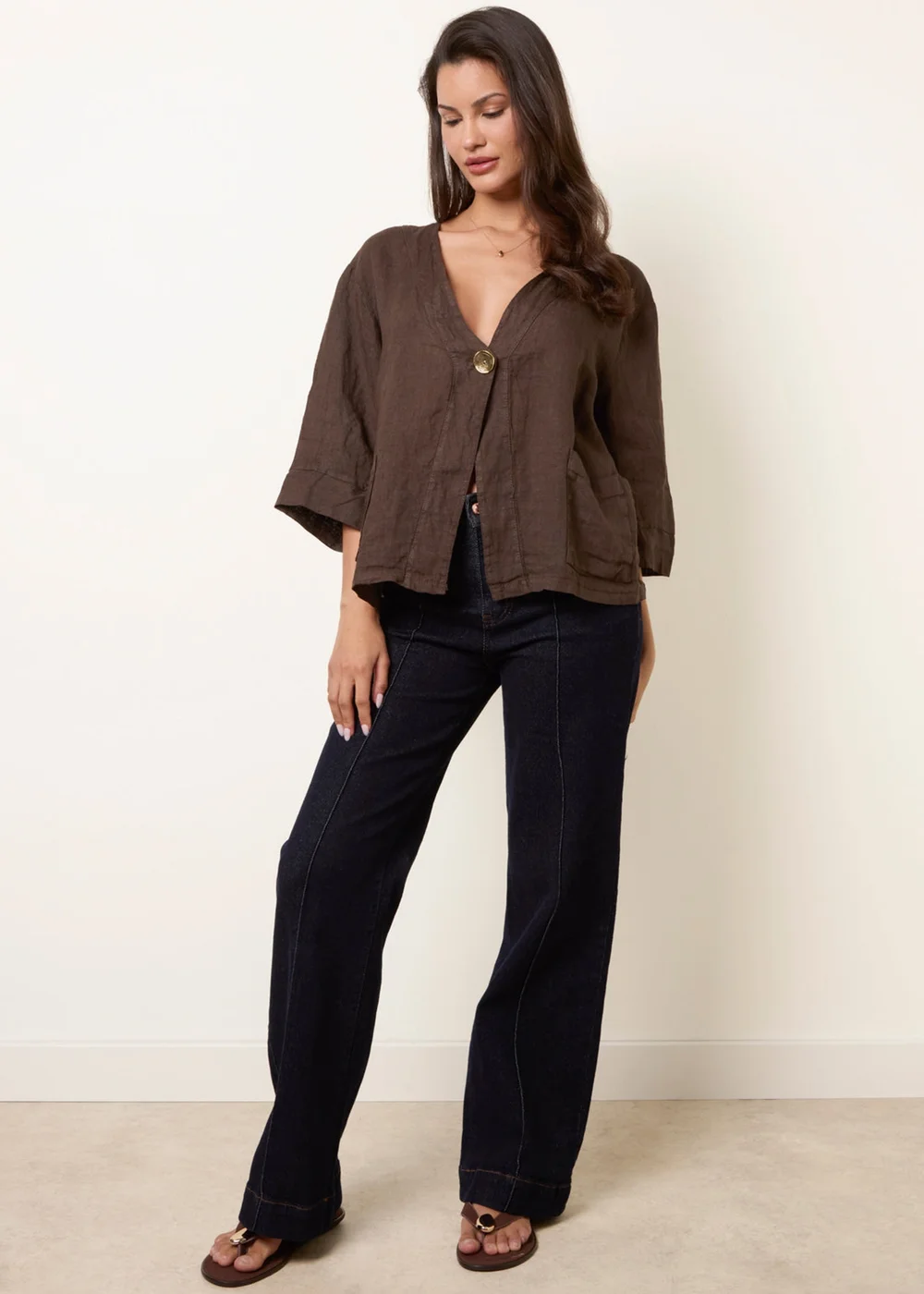 Blue Vanilla Brown One Button Linen Blazer - M/L Image 2