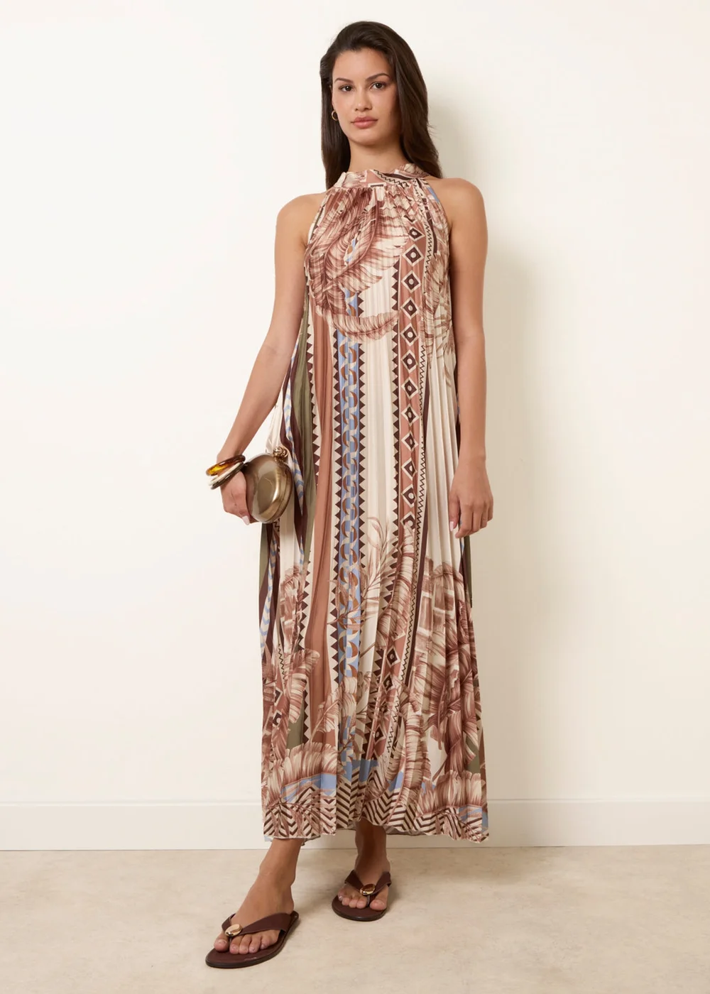 Blue Vanilla Beige Satin Pleated Dress - S/M Image 3