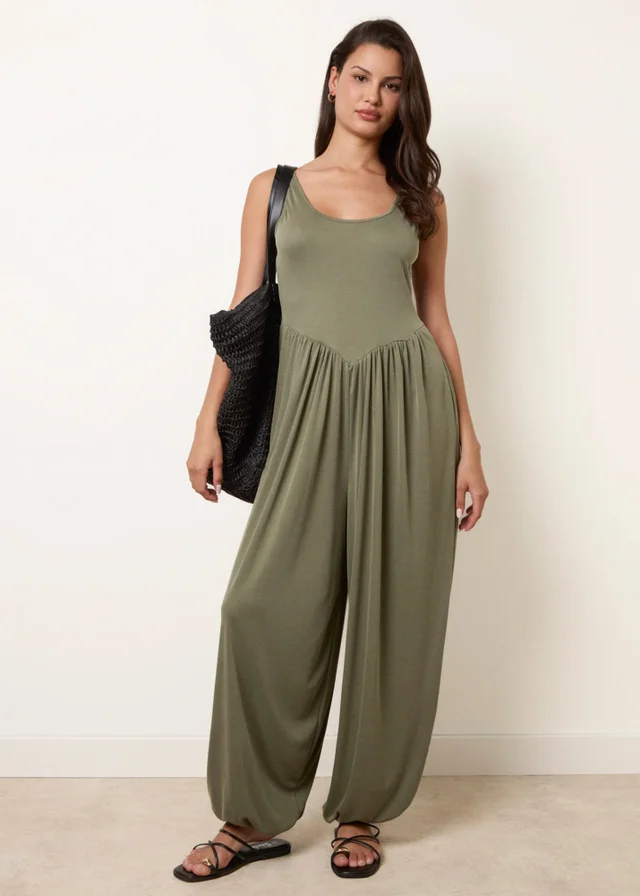 Blue Vanilla Khaki Jersey Balloon Leg Jumpsuit With Pockets