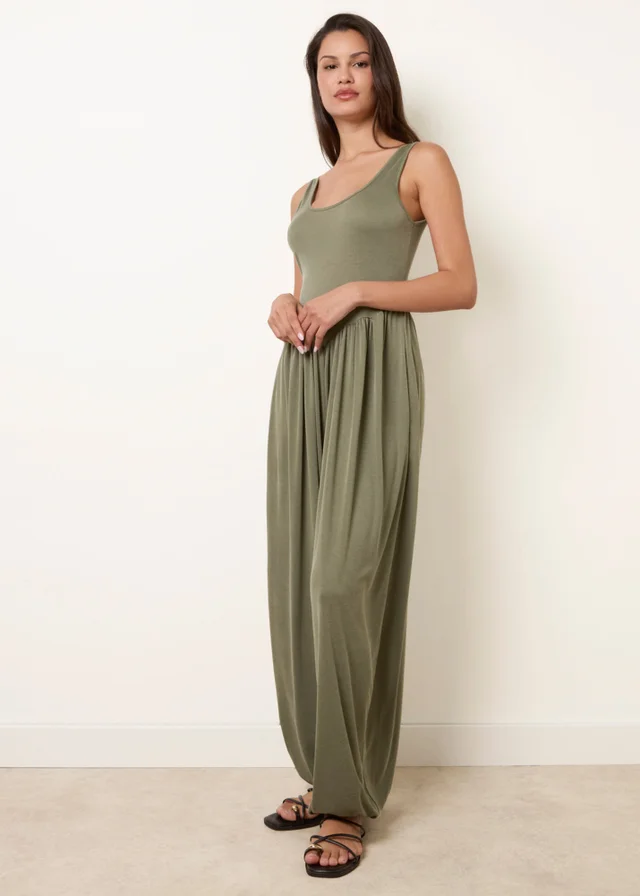 Blue Vanilla Khaki Jersey Balloon Leg Jumpsuit With Pockets