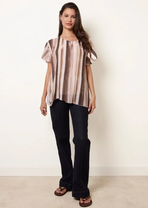 Blue Vanilla Beige Short Sleeve Pleated Paint Top - S/M Image 3