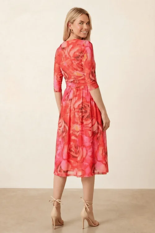 Style Cheat Pink Orange Floral Mesh Wrap Midi Dress - 8 Image 4