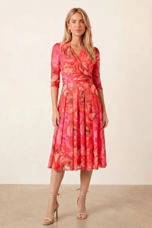 Style Cheat Pink Orange Floral Mesh Wrap Midi Dress - 8 Image 1