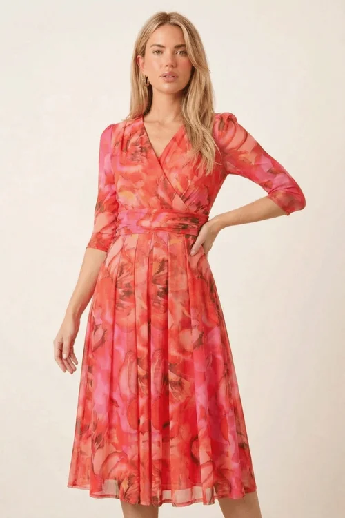 Style Cheat Pink Orange Floral Mesh Wrap Midi Dress - 8 Image 2
