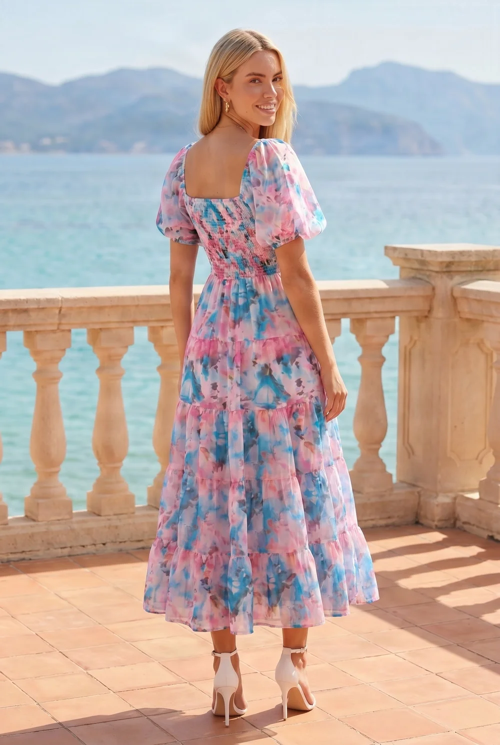 Square Neck Pink Blue Puff Sleeve Midi Dress Floral Watercolour - 12 Image 3