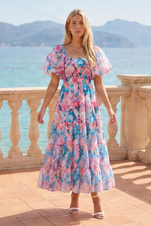 Square Neck Pink Blue Puff Sleeve Midi Dress Floral Watercolour - 12 Image 2