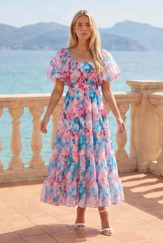Square Neck Pink Blue Puff Sleeve Midi Dress Floral Watercolour