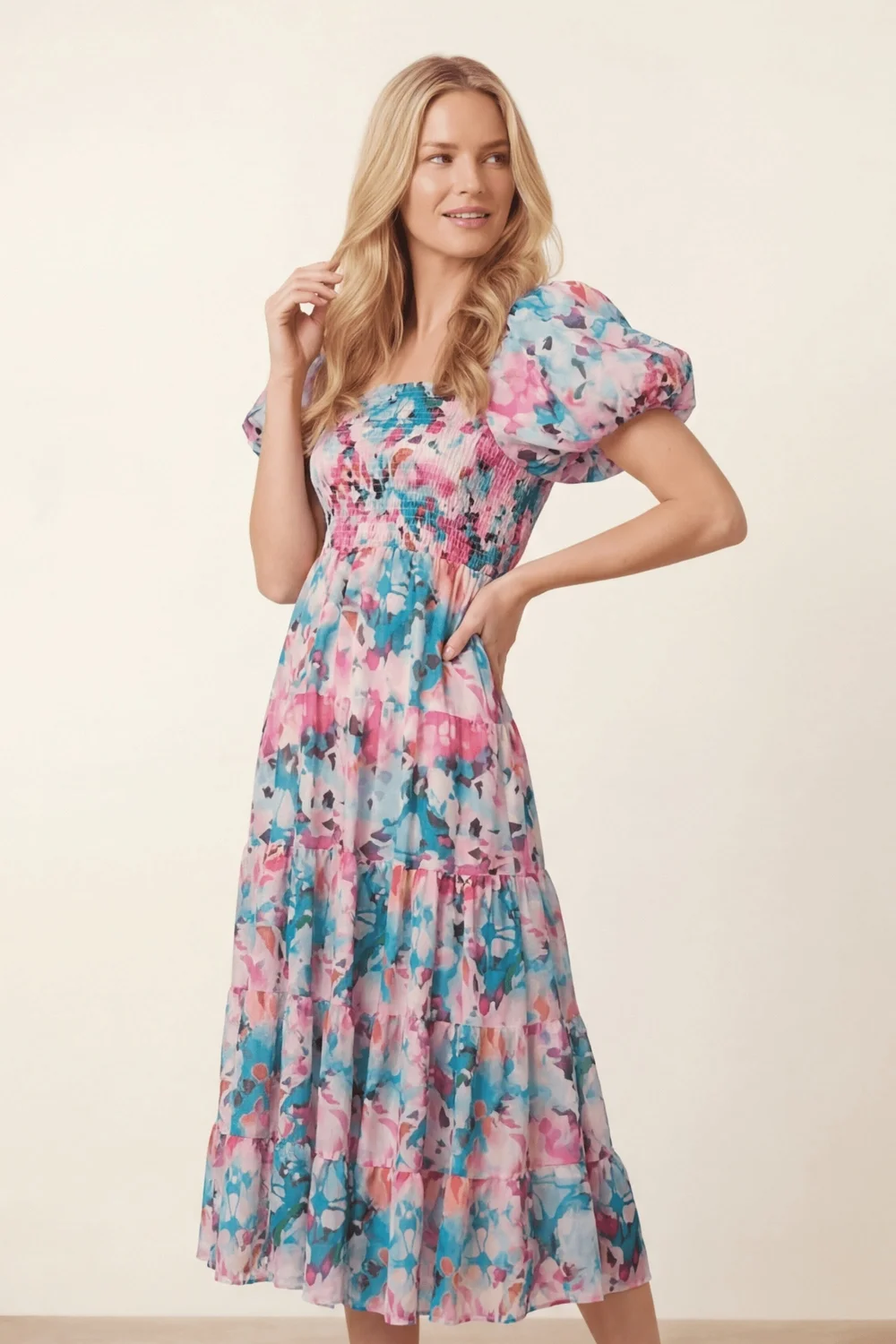 Square Neck Pink Blue Puff Sleeve Midi Dress Floral Watercolour - 12 Image 5