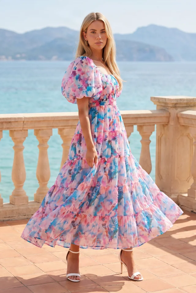 Square Neck Pink Blue Puff Sleeve Midi Dress Floral Watercolour