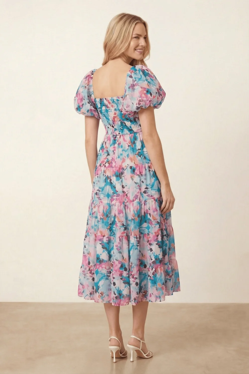 Square Neck Pink Blue Puff Sleeve Midi Dress Floral Watercolour - 12 Image 6