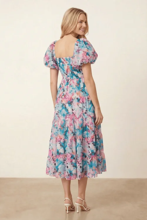 Square Neck Pink Blue Puff Sleeve Midi Dress Floral Watercolour - 12 Image 6