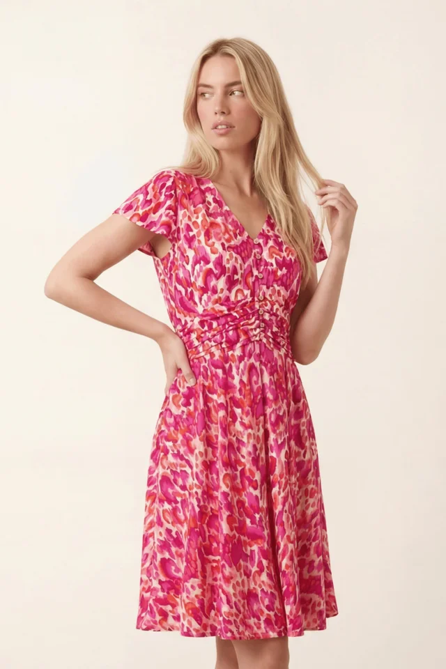 Style Cheat Pink Abstract Floral Mini Dress With V-neck Pockets