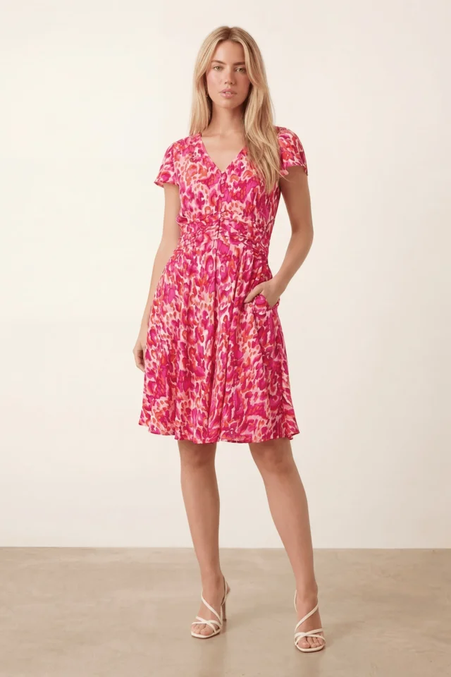 Style Cheat Pink Abstract Floral Mini Dress With V-neck Pockets