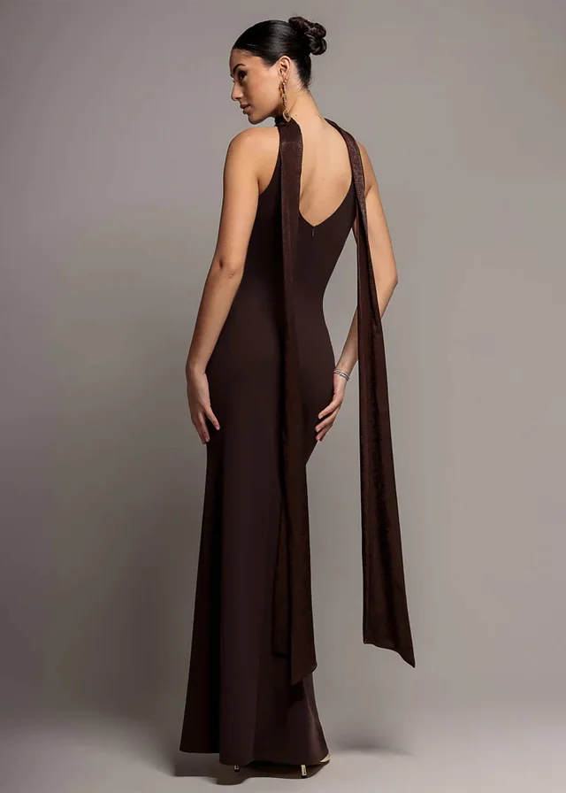 Goddiva Brown Scuba & Velvet Satin Halterneck Maxi Dress With Back Sash
