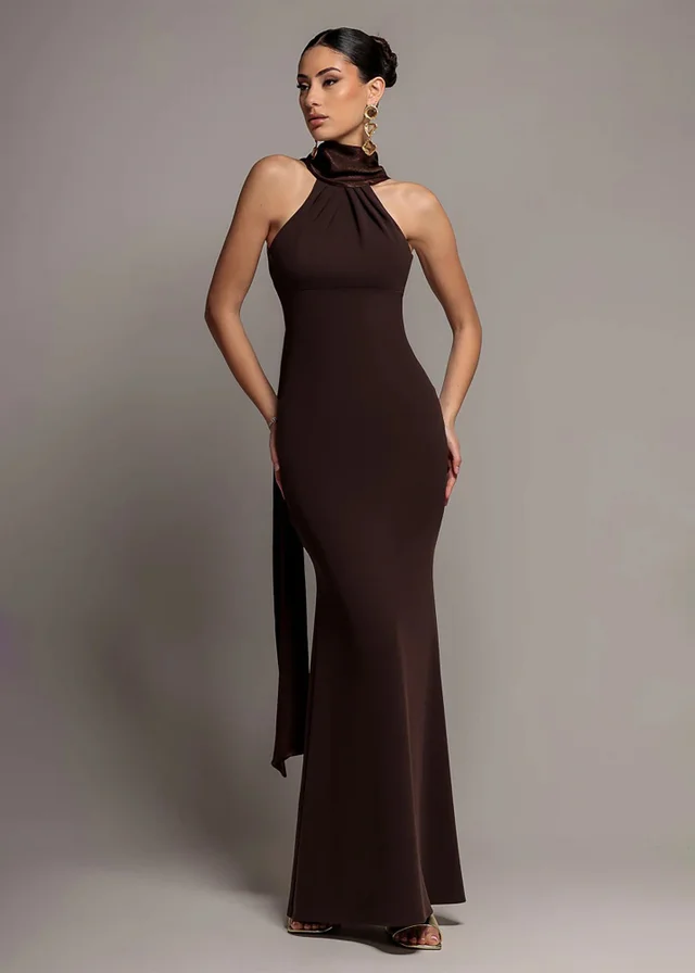 Goddiva Brown Scuba & Velvet Satin Halterneck Maxi Dress With Back Sash