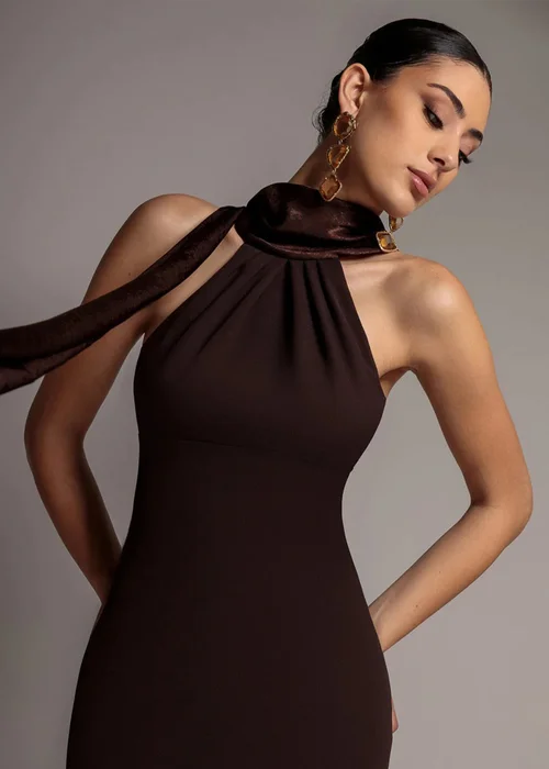 Goddiva Brown Scuba & Velvet Satin Halterneck Maxi Dress With Back Sash - 16 Image 3