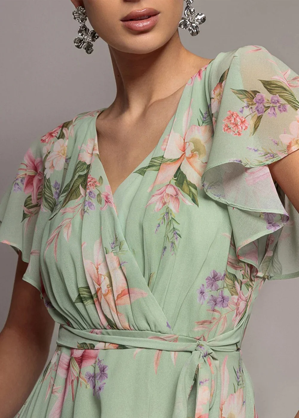 Goddiva Sage Green Flutter Sleeve Chiffon Midaxi Wrap Dress - 8 Image 2