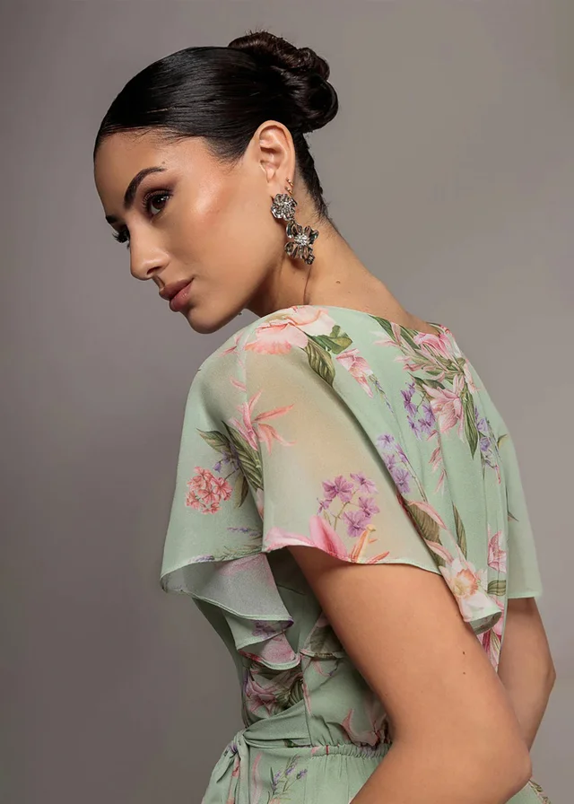 Goddiva Sage Green Flutter Sleeve Chiffon Midaxi Wrap Dress