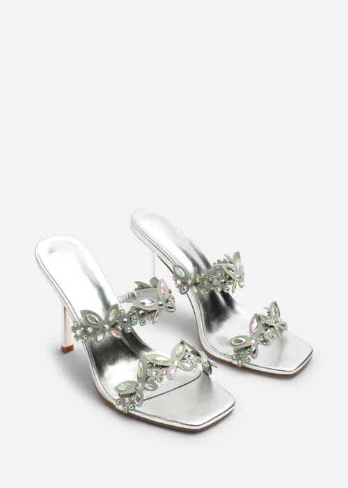 Where's That From Dazira Silver Cut Out Flower Trim Detail Heeled Mules - Size 6 Image 3
