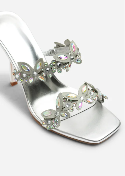 Where's That From Dazira Silver Cut Out Flower Trim Detail Heeled Mules - Size 6 Image 4