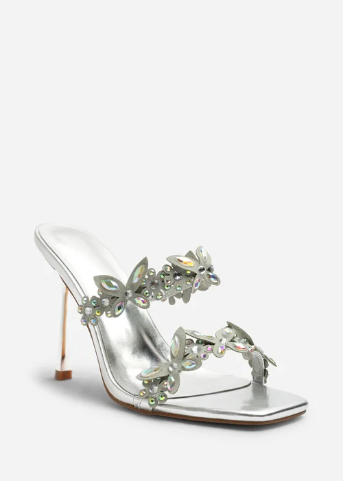 Where's That From Dazira Silver Cut Out Flower Trim Detail Heeled Mules - Size 6 Image 2