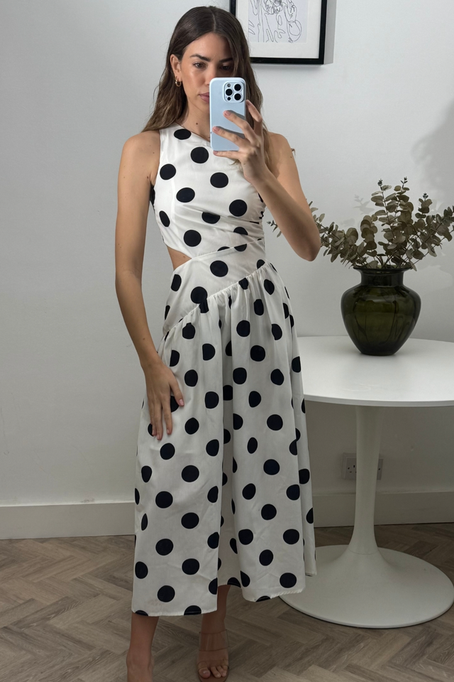Style Cheat Dotted White Jasmine Cut-Out One-Shoulder Midi Dress