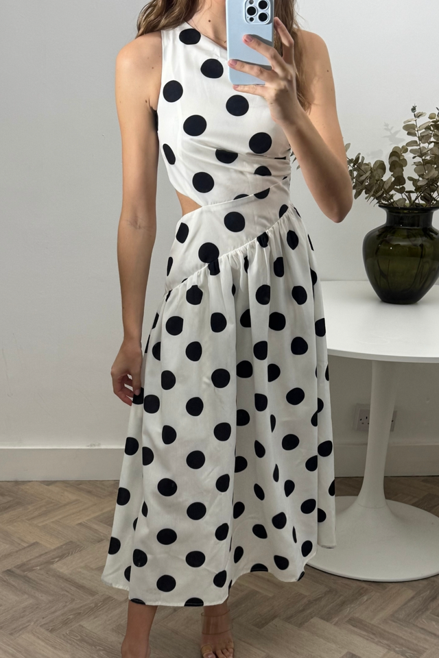 Style Cheat Dotted White Jasmine Cut-Out One-Shoulder Midi Dress