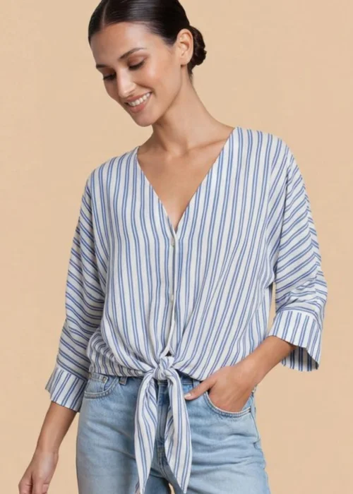 Little Mistress Blue Stripe Tie-Knot Top with V-Neck - 14 Image 1